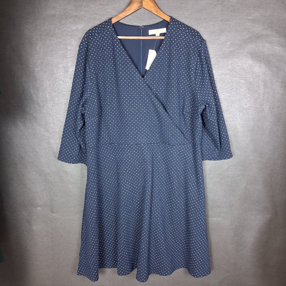 Loft Dress Womens 26 Polka Dot V Neck Sleeves Jaquard Knit Faux Wrap Navy Blue